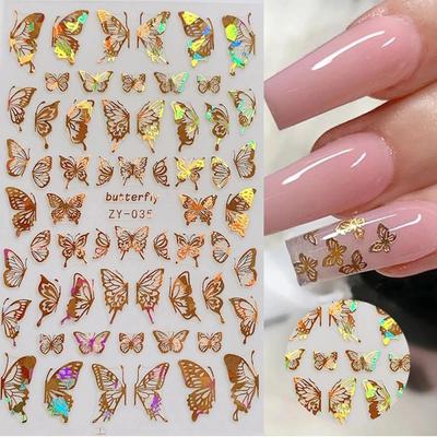 3D Holographic Butterfly Nail Art Stickers Adhesive Gold Silver Laser Foil Nail Decals For Women Girls DIY Manicure Decoration