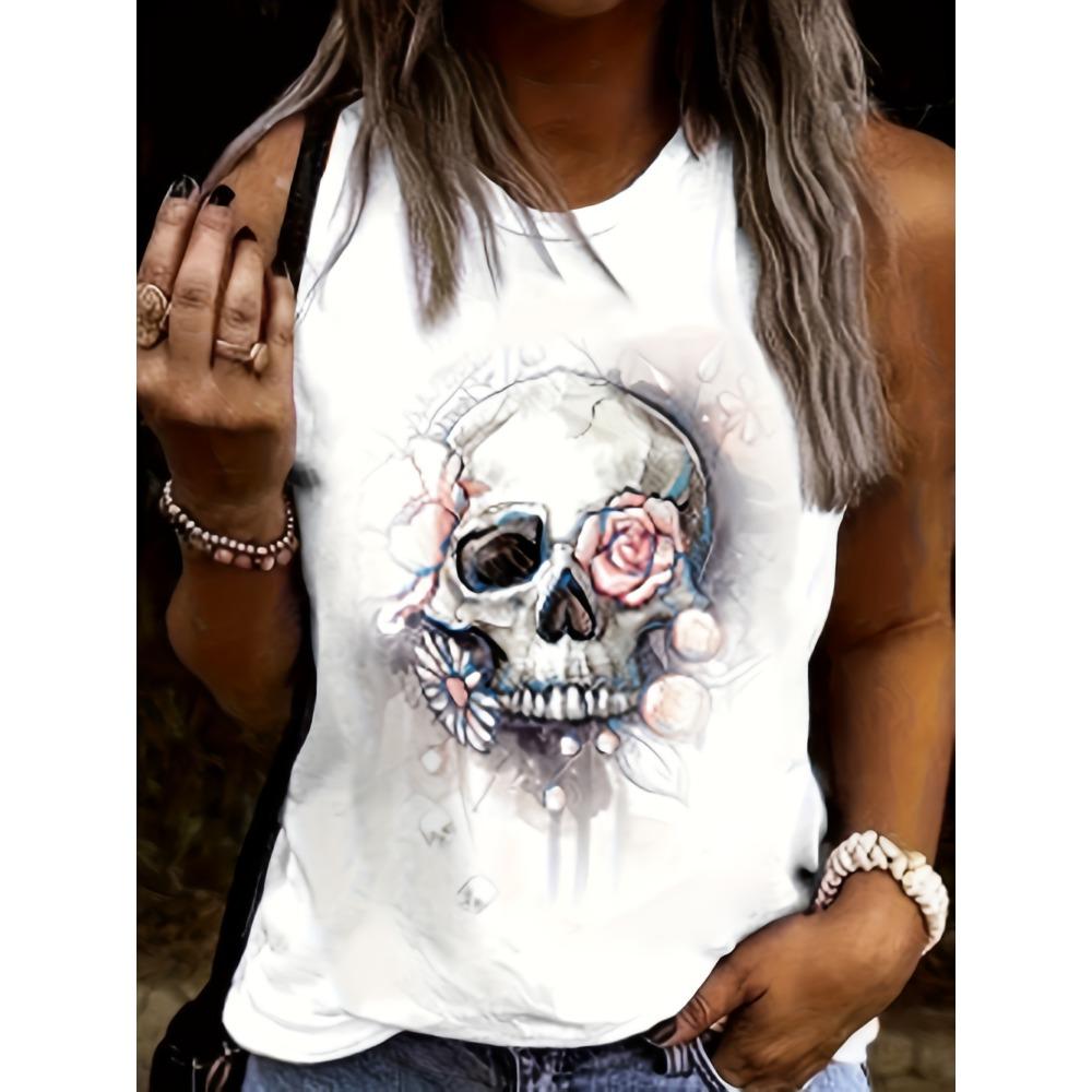 Dark painting skull flower print round neck women s vest S