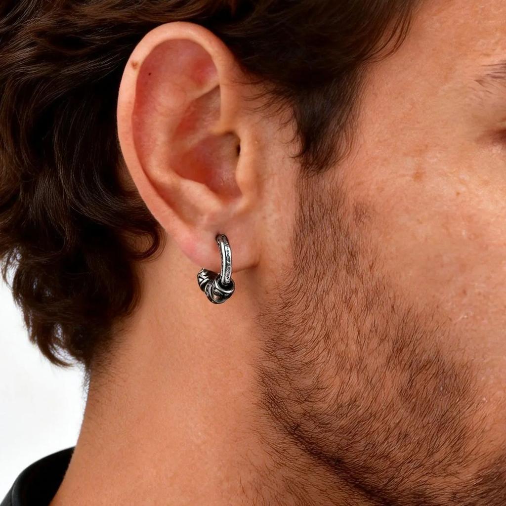 Vintage Totem Vine Pattern Hoop Earrings for Men, Hypoallergenic Metal Huggies Earrings, Rock Punk Piercing Jewelry Gift