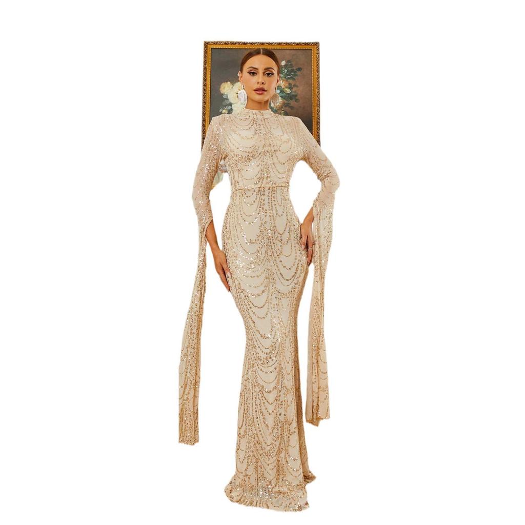 Elegant Sequined Long-Sleeve Evening Gown for Women