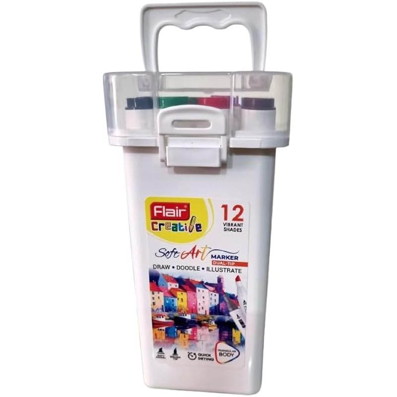 Flair 12 Shades Soft Art Marker Dual-Tip| 1 Side Soft Chisel Point & Other Side Brush Tip| Triangular Body| Quick Drying