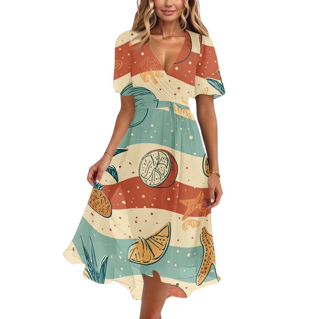 Women V Neck Short Sleeve Casual Dress Summer Hawaiian Print Midi Dress Loose Fit Lightweight Soft Fabric Flowy Skirt Beachwear