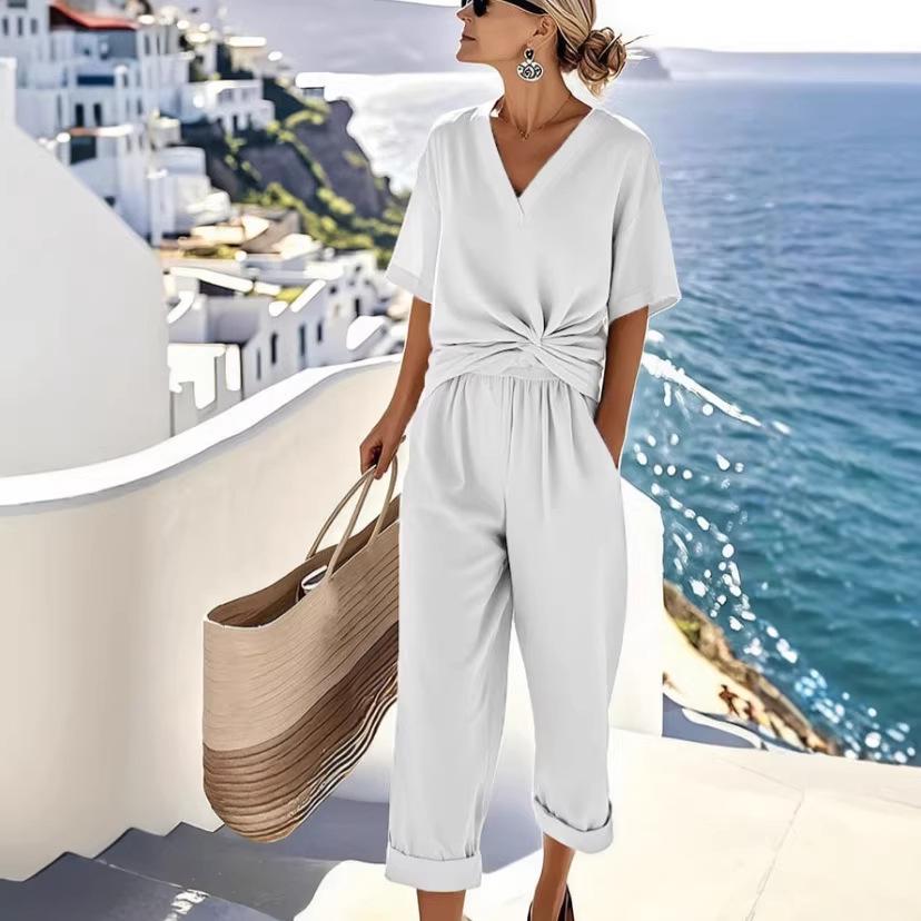 2026 Women's European and American Summer Fashion Solid Color Irregular Short Sleeve Set
