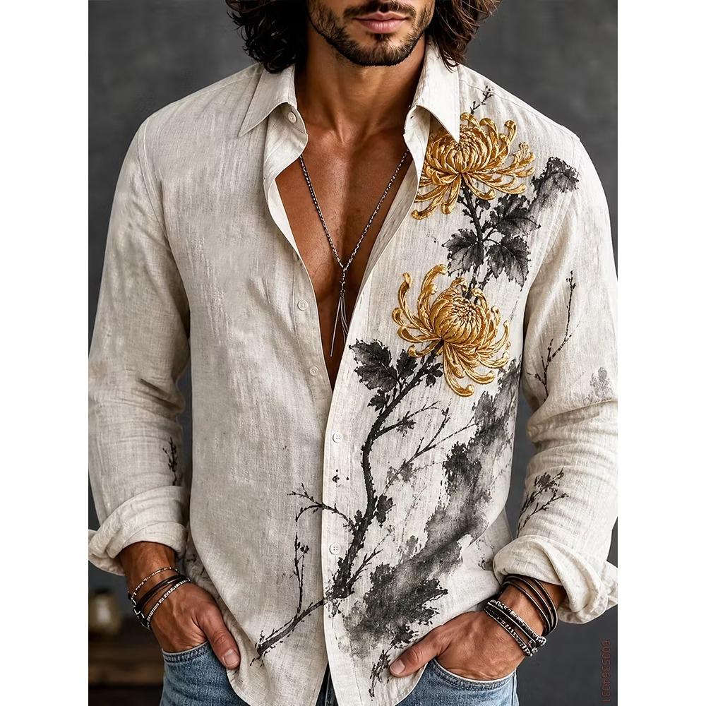 Men's Long Sleeved Shirt with Sun Rainbow Print Top, Versatile for Vacation and Travel, Fashionable and Comfortable Casual Shirt