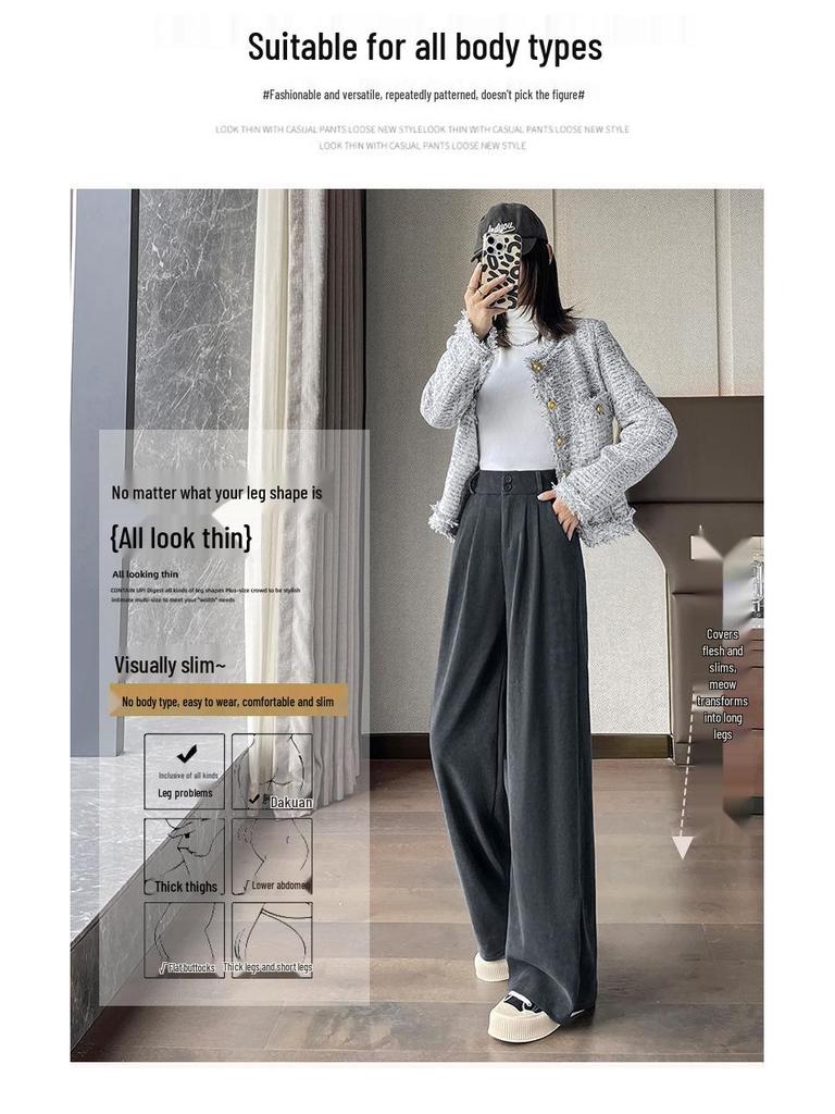 Women's Fleece-Lined Chenille Wide-Leg Pants: Tall, Draped, Casual Style for Spring & Autumn 2025