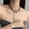Gothic Style Dark Red Zircon Necklace with Black Tassels Trendy Collarbone Chain Unique Neckchain Fashion Jewelry