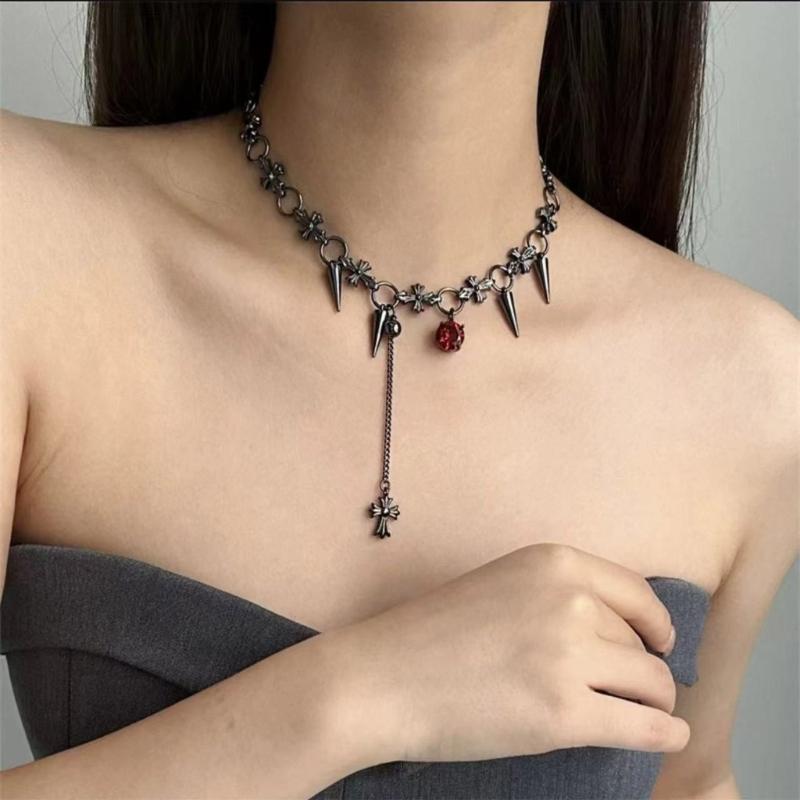 Gothic Style Dark Red Zircon Necklace with Black Tassels Trendy Collarbone Chain Unique Neckchain Fashion Jewelry