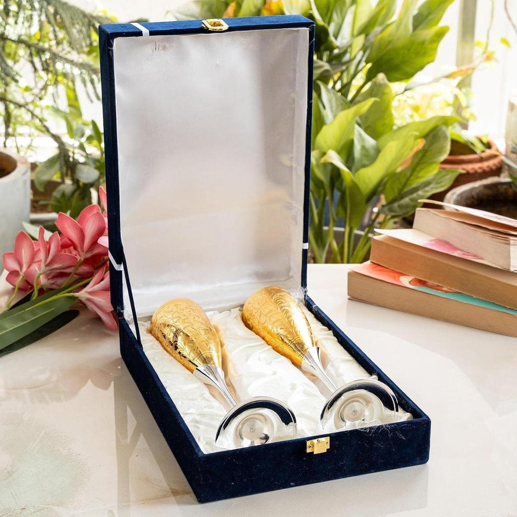Set of 2 Silver Gold Polish & Brass Champange Wine Glass with Blue Box, Best for Parties, Diwali Gift Set of 2