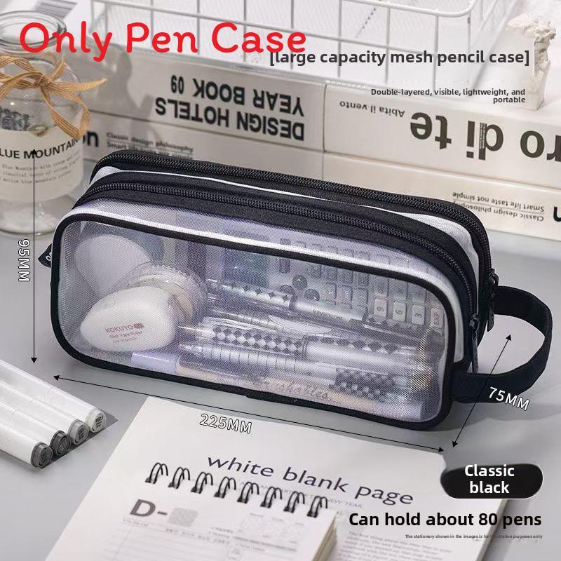 Student Double Layer Mesh Transparent Pencil Case With Large Capacity For School Use