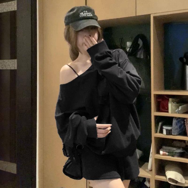 Women S Off Shoulder Loose Mid Length Hoodie Lazy Casual Top