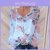 Elegant Women Casual Floral Printed Buttons T-shirt Ladies Chiffon Irregular Tops Blouse
