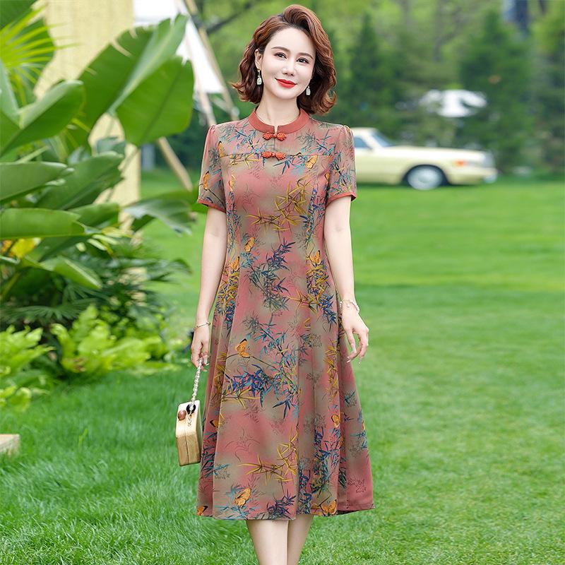 2026 New Summer Chinese Style Printed Dress - Fashionable Loose Short-Sleeved Top & Skirt for Middle-Aged Women