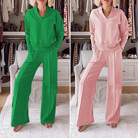 2 Pcs/Set Women Top Pants Suit V Neck Long Sleeves Solid Color Mid Length Sweatshirt Elastic Waist Wide Leg Trousers
