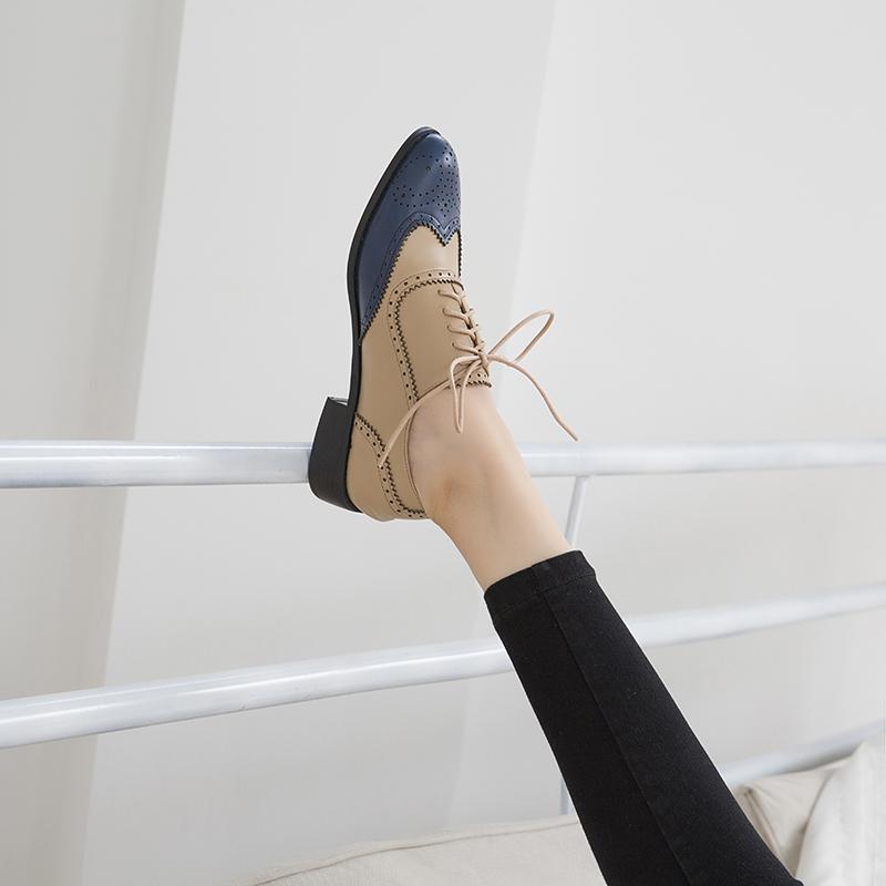 Fashion New Spring 2025 Block Genuine Leather Oxford Low Heel Women Shoes Retro Round Toe Shoes for Women Block Pumps Retro Ladies Shoes