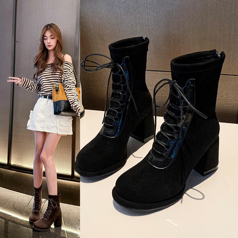Women's heightening rough cotton round head suede new small back zipper boots straps autumn and winter fashion boots high heel