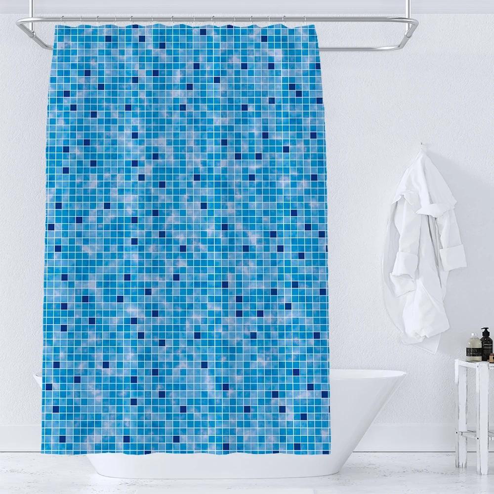 Tende da Doccia con Motivo a Mosaico Blu Tenda da Bagno Impermeabile in Poliestere Geometrica per Bagno Decorazione della Casa Tenda con Ganci