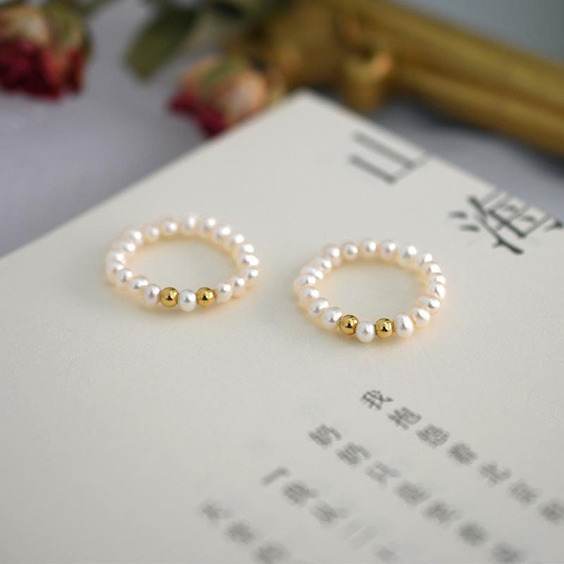 French Freshwater Pearl Copper Bead Stretch Ring Women 14K Gold Silver Plated Finger Band
