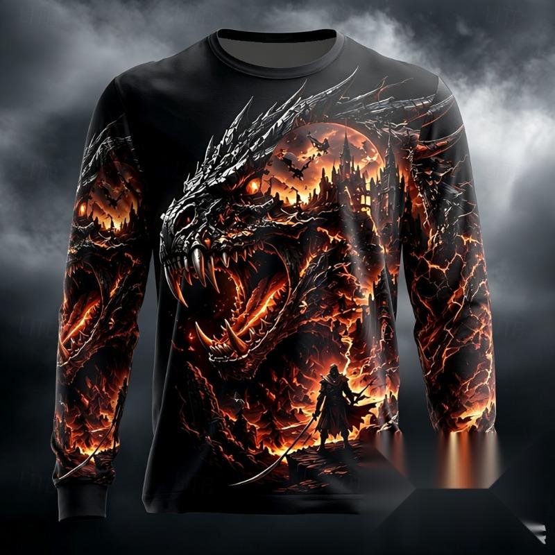 Men Dark Gothic Skull Dragon Reaper 3D Print Long Sleeve T-Shirt Horror Graphic Casual Long Sleeve Tops