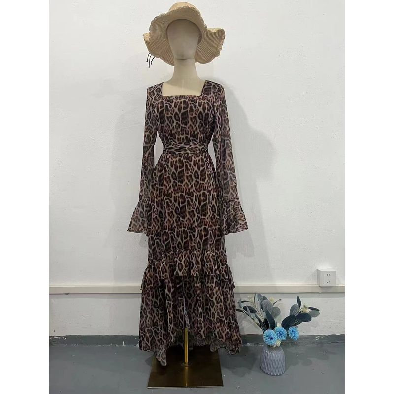 

Western Style New Leopard Print Lotus Leaf Sleeve Temperament Irregular Patchwork Dress Leopard Print Dress Leopard Brown M