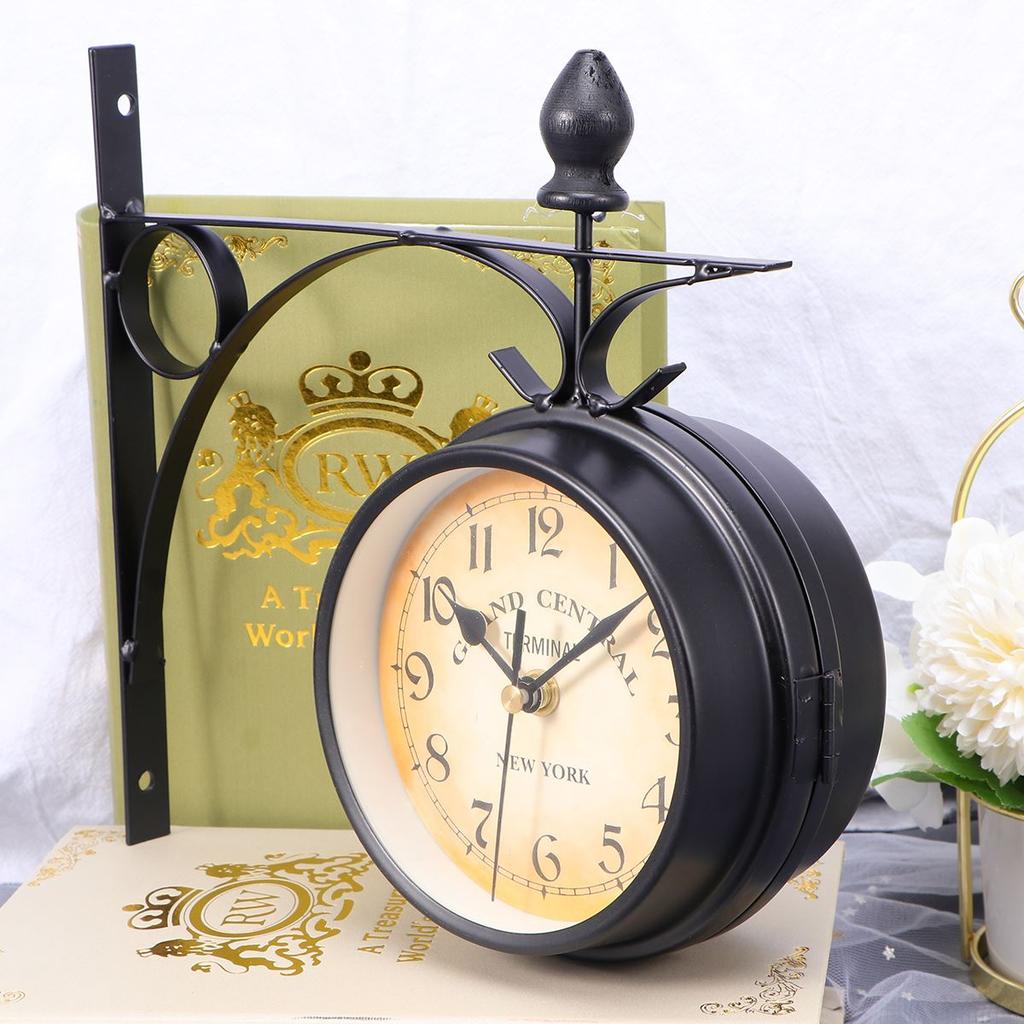 Clock Wall Retro Double Decor Sided Hanging Clocks Vintage Iron Home Outdoor Round Station Large Rustic Garden