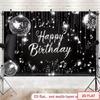 2D Happy Birthday Disco Backdrop Sparkling Black Silver Glitter Photo Booth Background