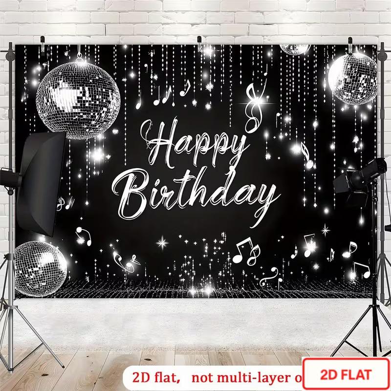 2D Happy Birthday Disco Backdrop Sparkling Black Silver Glitter Photo Booth Background