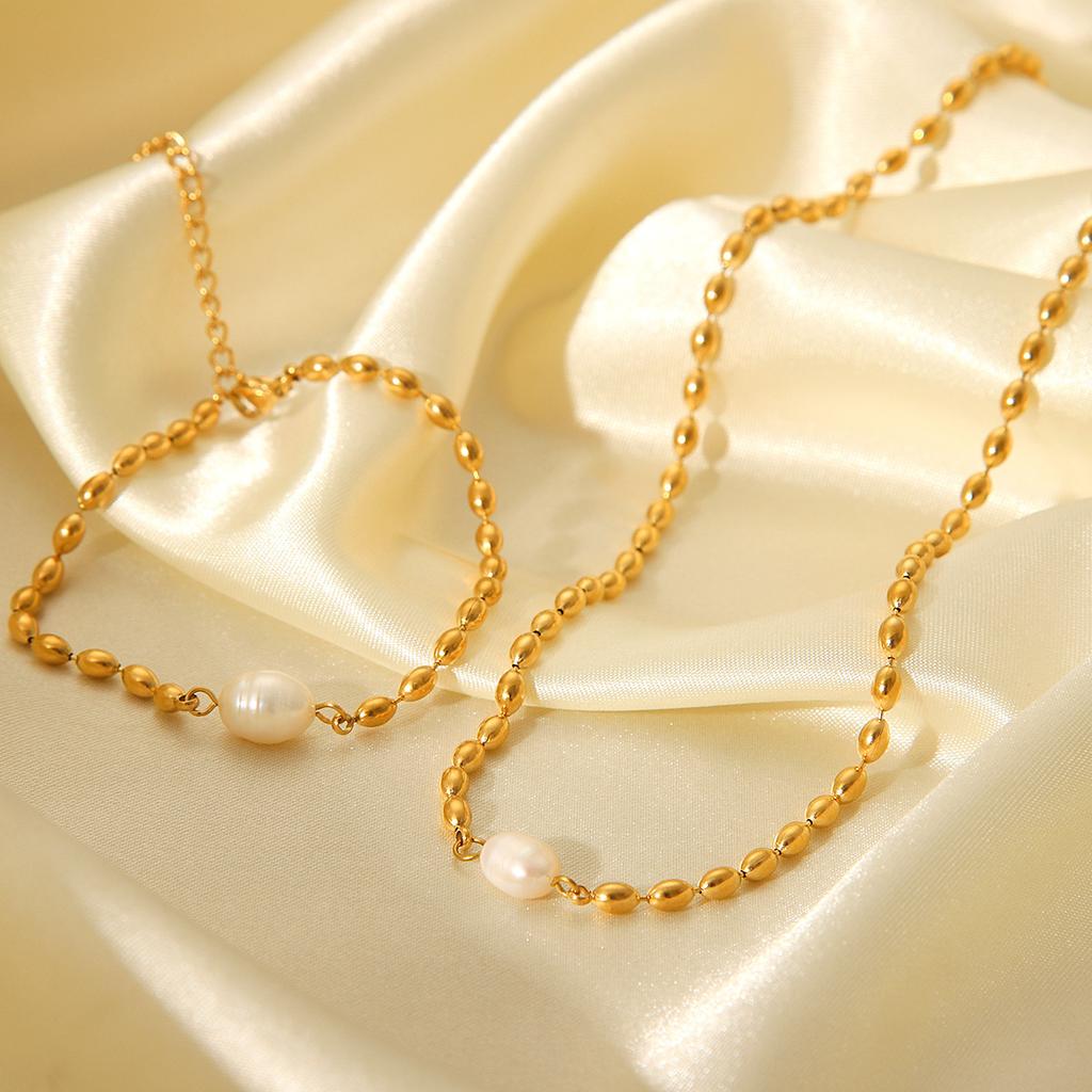 Custom Processing French Style Natural Freshwater Pearl Oval Gold Bead Necklace Stainless Steel Bracelet
