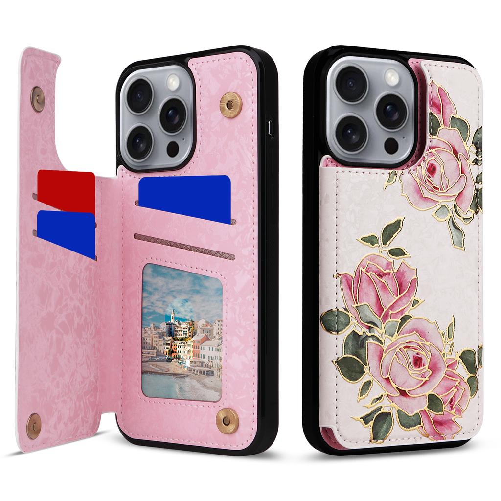 For iPhone 16 Pro Max Case Flower Leather+TPU RFID Blocking Phone Cover Card Slots
