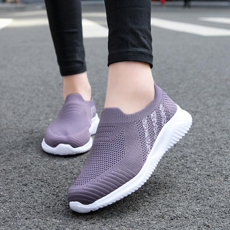 Fashion Women's Slip-On Flat Bottom Shoes Breathable Mesh Upper Cross-Border Knitted Casual Footwear Low Heel Non-Slip Comfortable