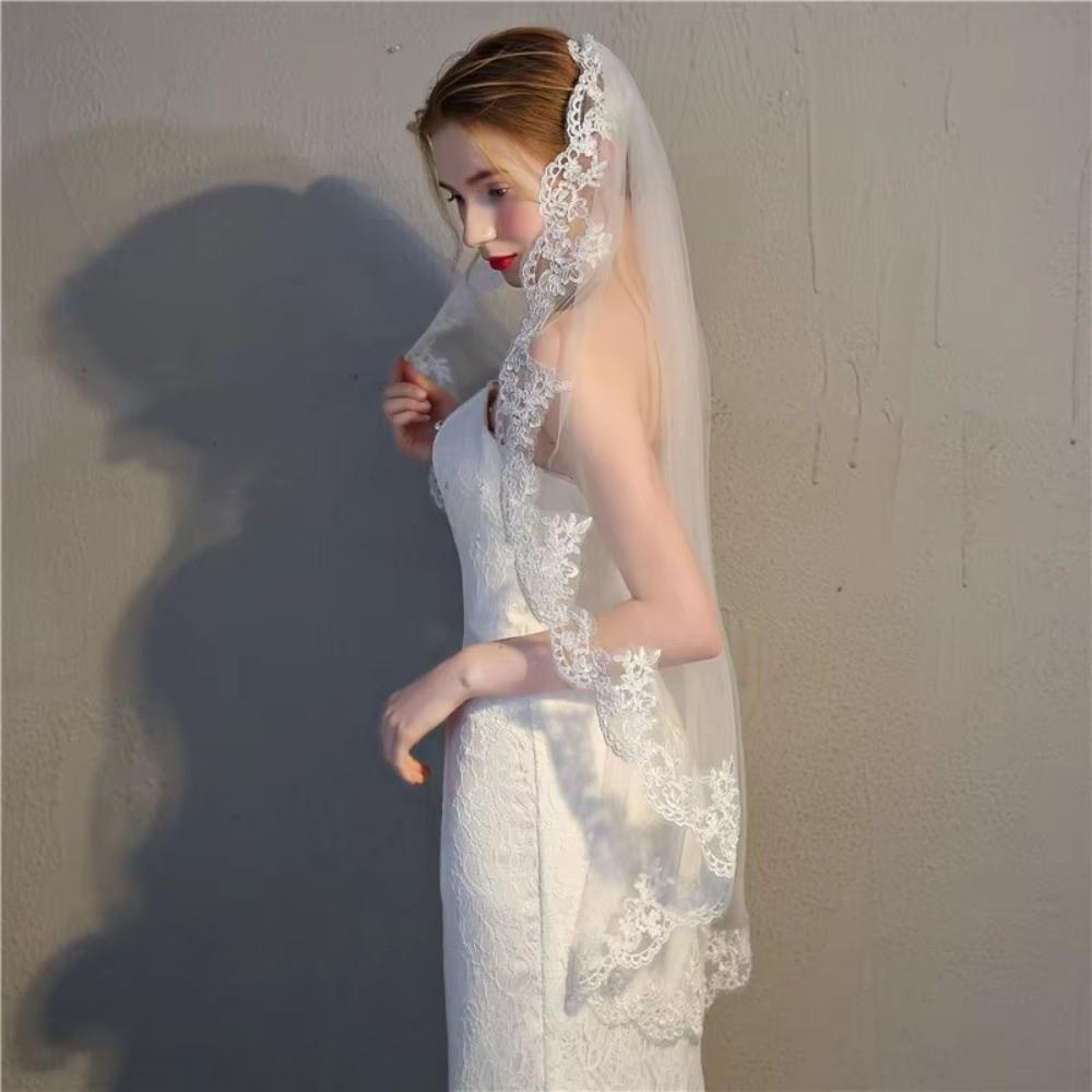 2026 New Short Bridal Veils White Ivory Lace Edge Bride Veils One Layer Velo De Novia Wedding Veil
