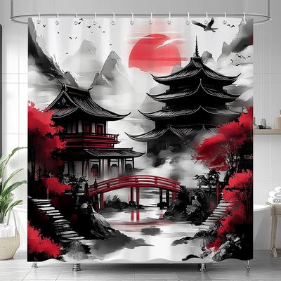 Japanese Anime Shower Curtain, Asian Cherry Blossom Landscape Ink Painting Design Bath Curtains for Bathroom, Black and Red