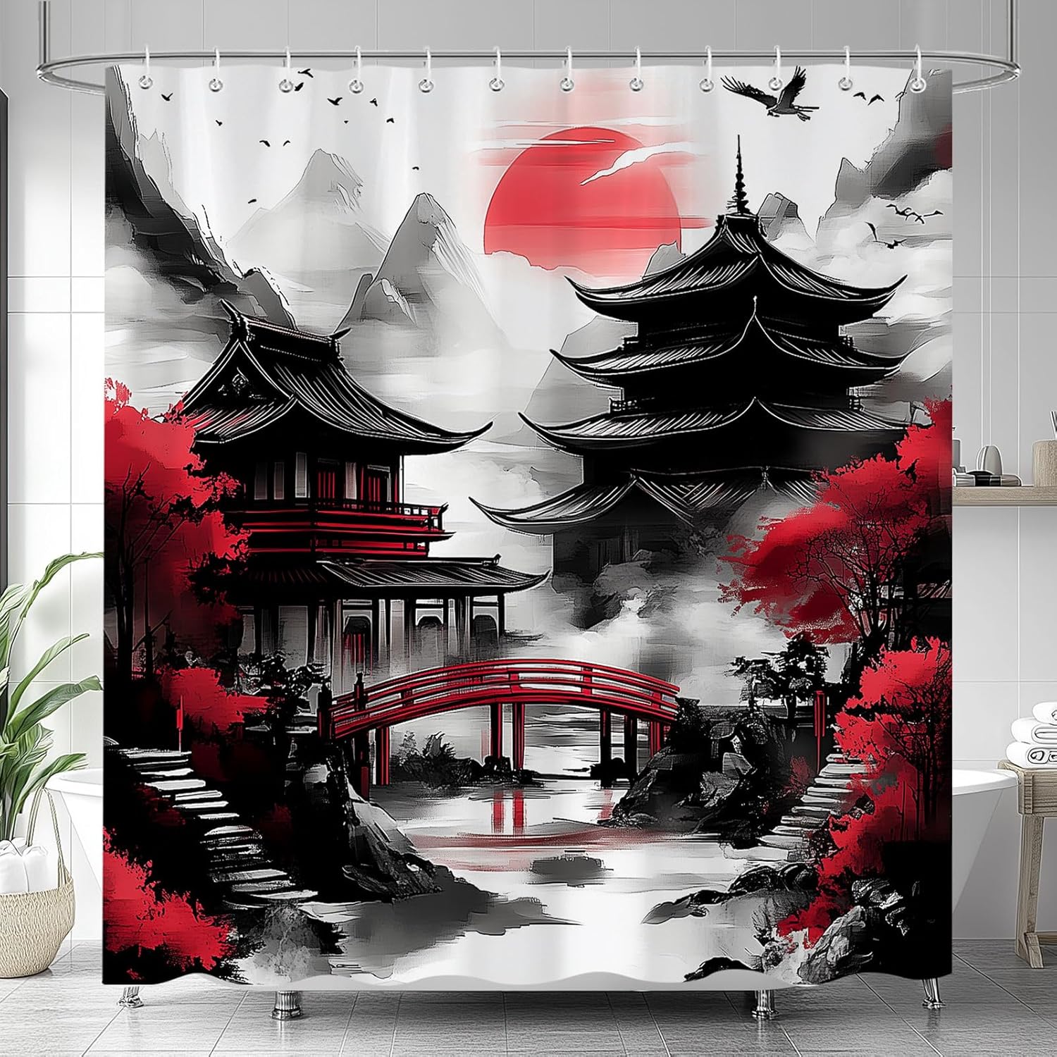 Annier Black/Red Japanese Anime Shower Curtain, Asian Cherry Blossom Landscape Ink Painting Design Bath Curtains For Bathroom, And