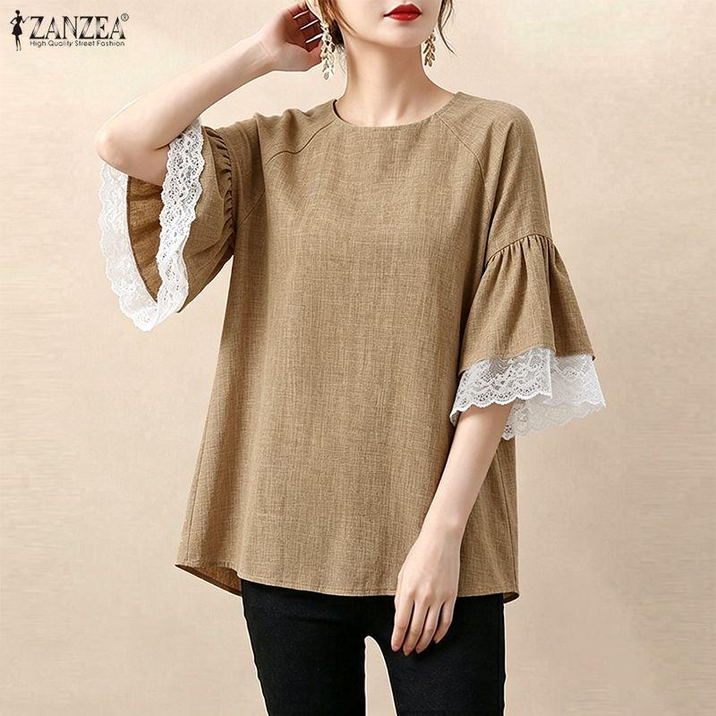 ZANZEA Blusa Feminina Casual de Renda com Gola Redonda e Meia Manga