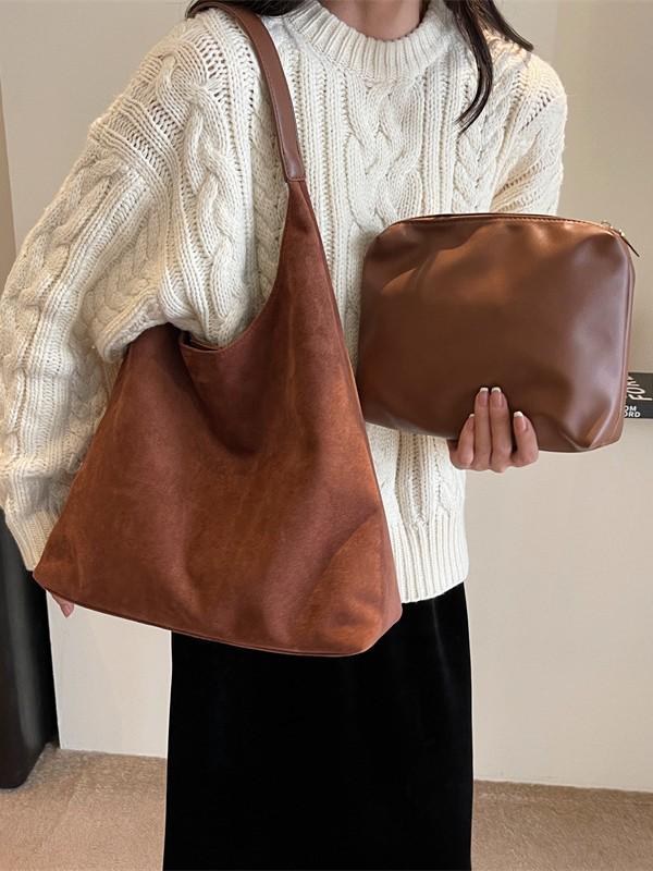 2025 Winter Retro Wildleder Schultertasche - Vielseitige Uni-Farbe, Große Kapazität, Unterarm-Bucket-Stil.