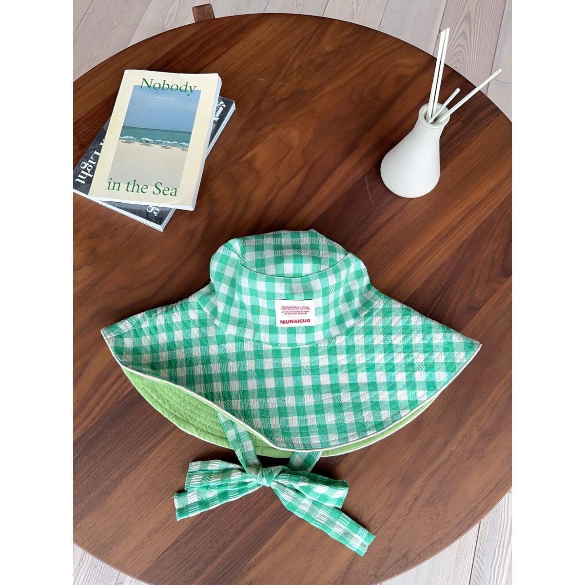 

Korean Style Plaid Strap Fisherman Hat for Women In Summer Large Brim Showing Face Small Sun Protection Sun Hat Big Head Double Basin Hat No M（56-58cm）