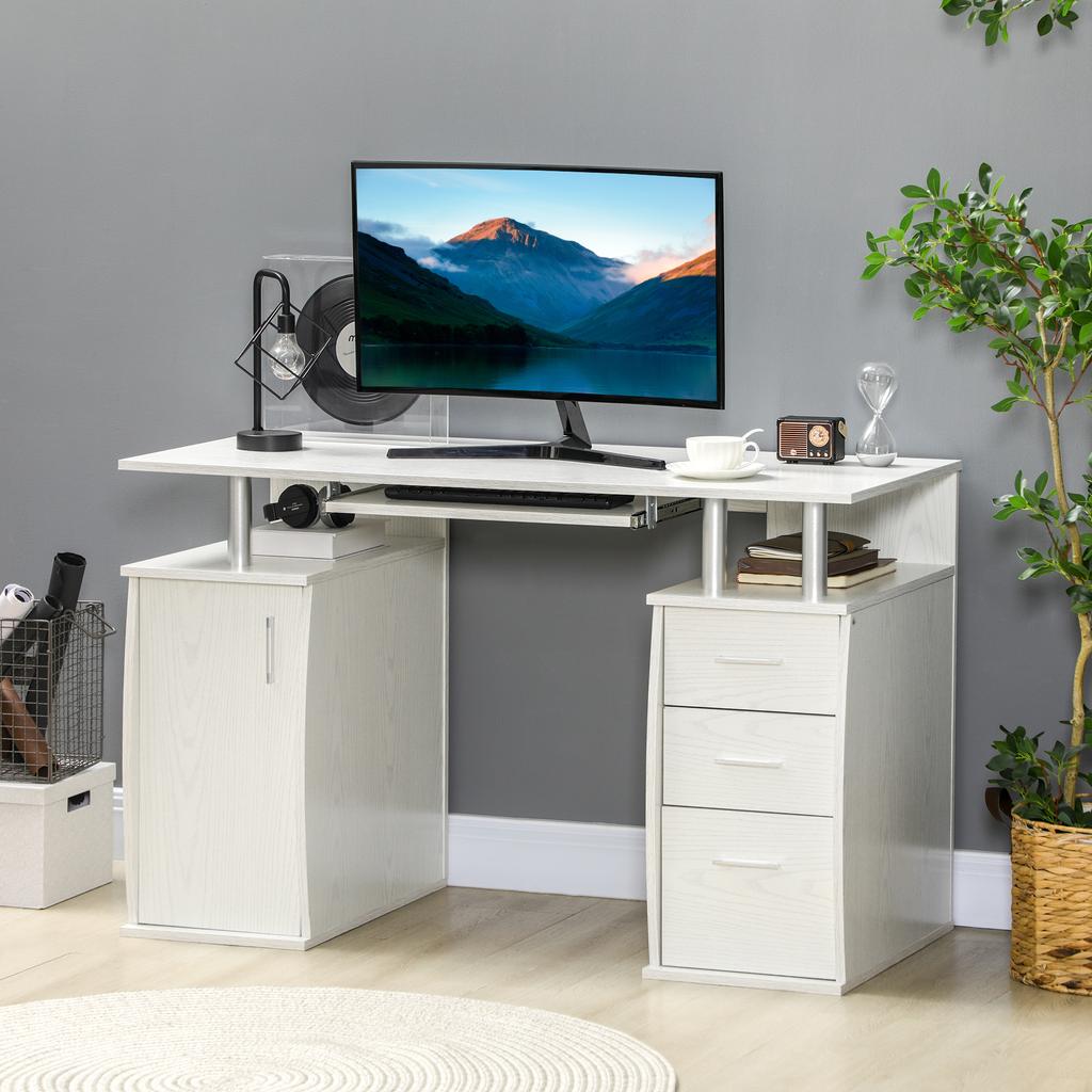 Computer desk, computer desk 120 x 55 cm with keyboard tray, 3 drawers, for bedroom, home, white