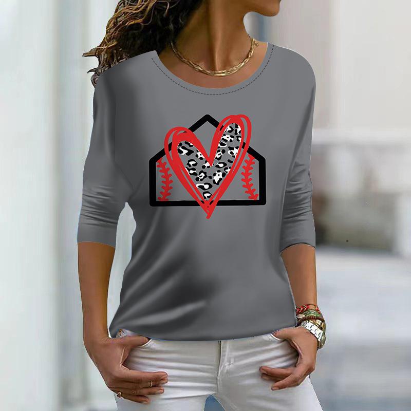 Топы для женщин 3D розовый кристалл сердце принт круглый вырез длинный рукав футболка — фото 4