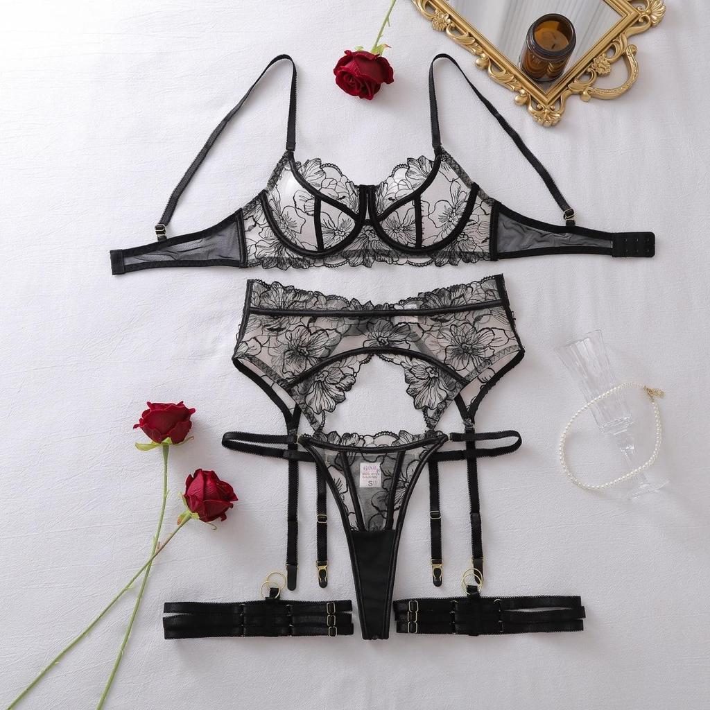 Women's Sexy French Thin Lingerie Set Floral Embroidery Sheer Mesh Push-Up Underwire Shapewear Lingerie Set