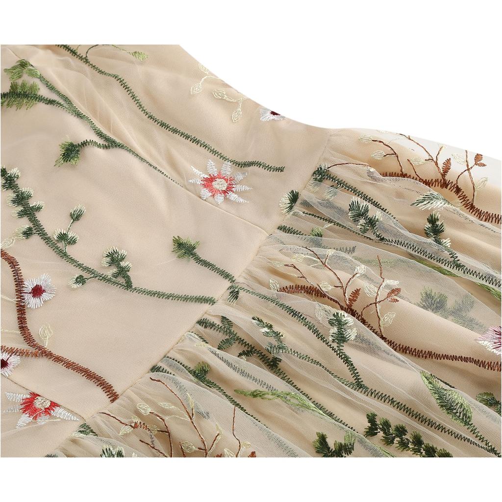 Sleeveless Embroidered Tulle Midi Dress with Adjustable Shoulder Straps and Floral Pattern for Women Elegant Style