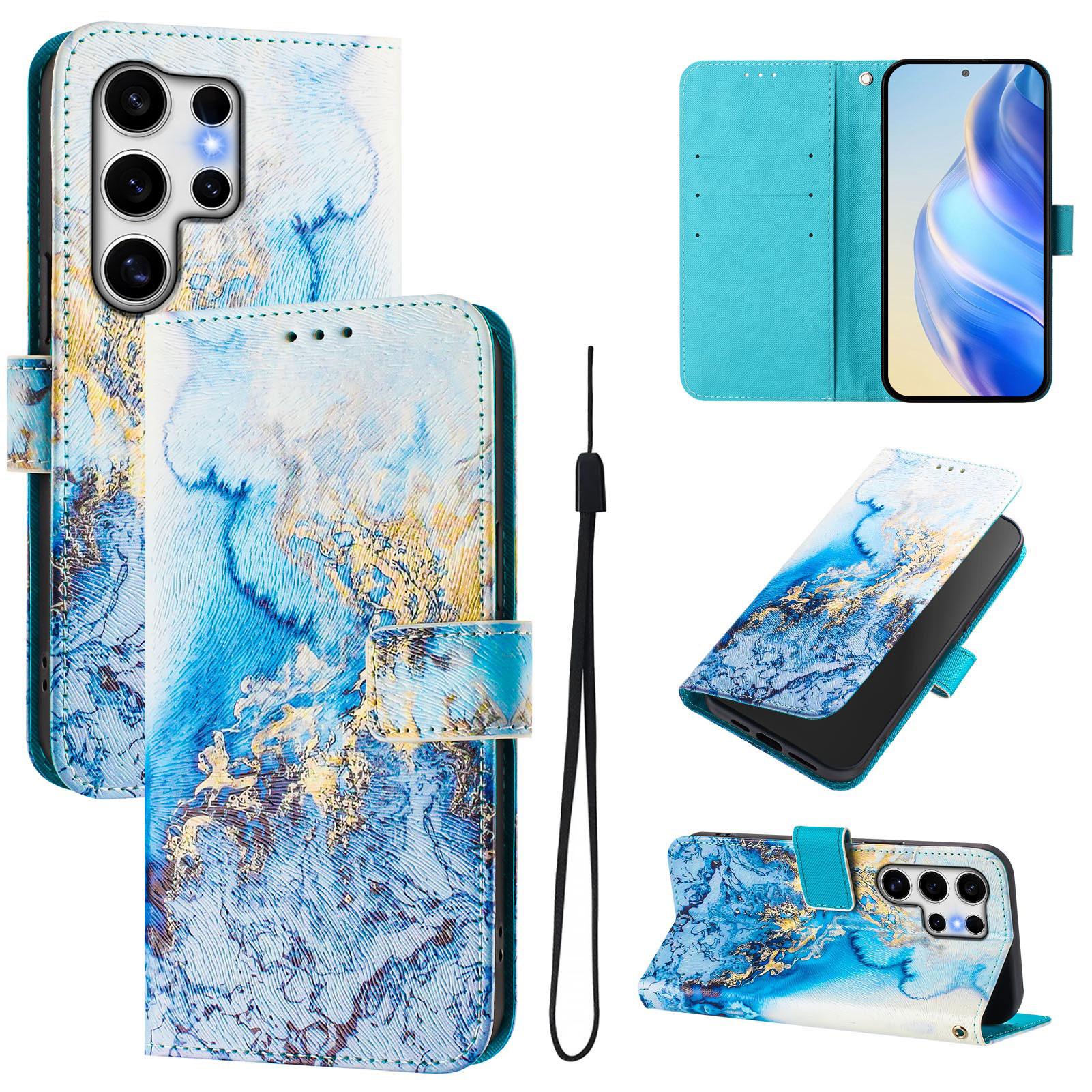 

For Samsung Galaxy S25 Ultra Case Pattern Printing Wallet Phone Cover with Strap Ocean Marble