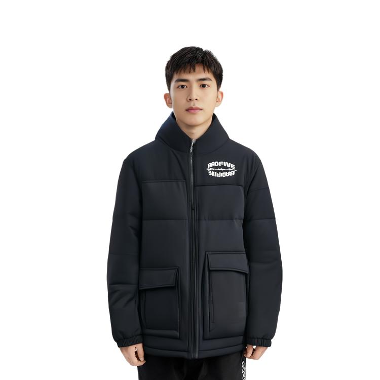Li Ning Down Jackets Men's Black Stand Collar Moderate Quilted Down Jacket AYMS111-3