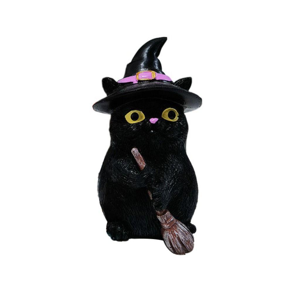 Decorative Flying Broom Cat Small Broomstick Cat Creative Black Cat Witch Statue  Desktop