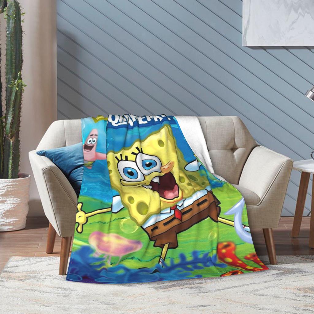 SpongeBob SquarePants Knitted Blanket Cartoon Animated Flannel Throw Blankets Airplane Travel Printed Ultra-Soft Warm Bedspreads