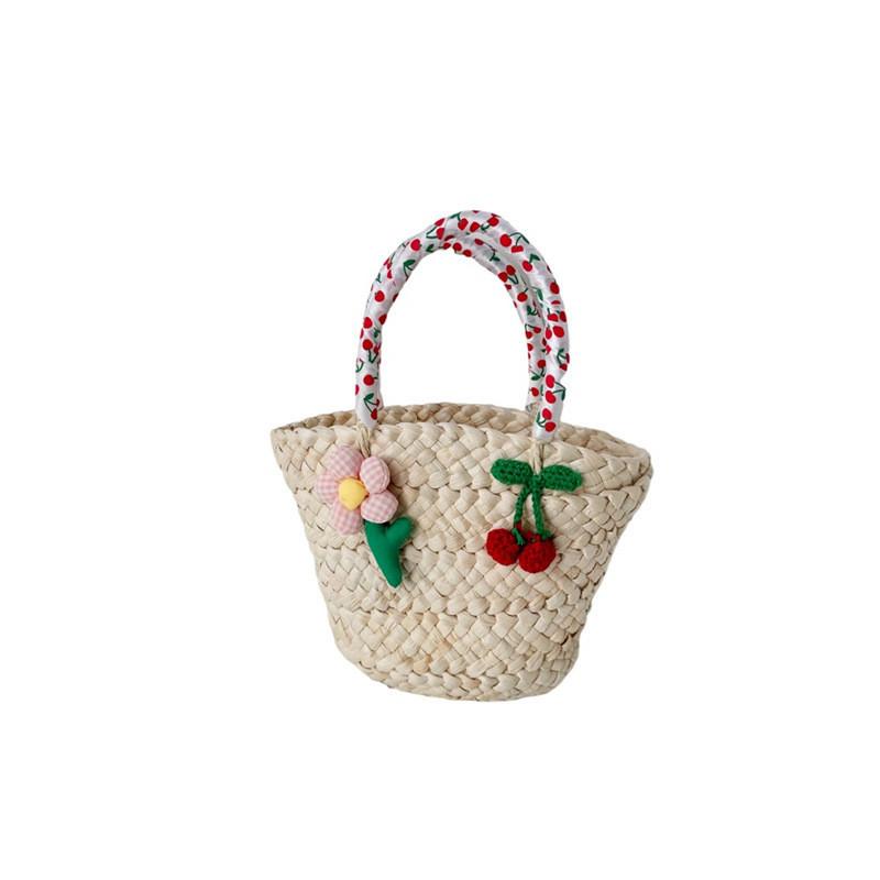 Stylish Unisex Kids Woven Bucket Bag In White Lace With Playful Cherry Print