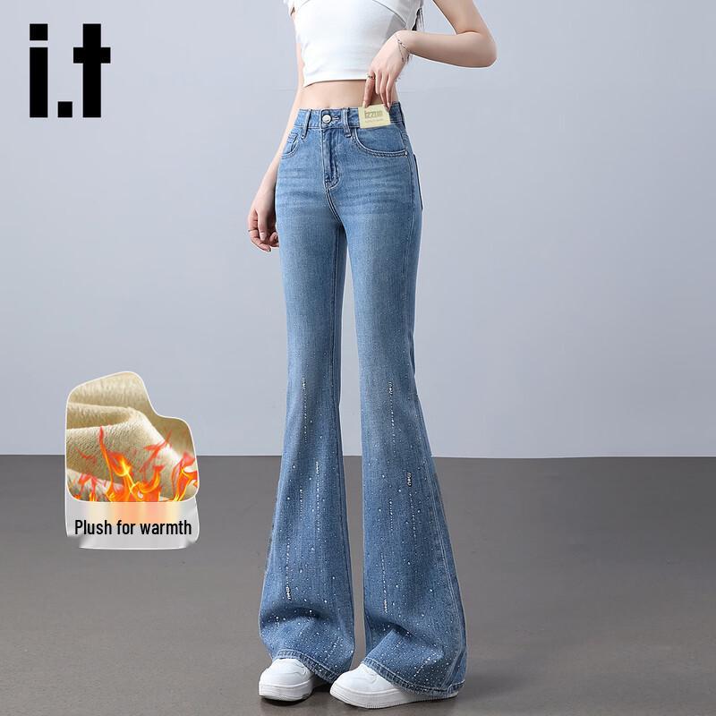 izzueit Women's Slimming High-Waist Rhinestone Flare Jeans with Fleece Lining