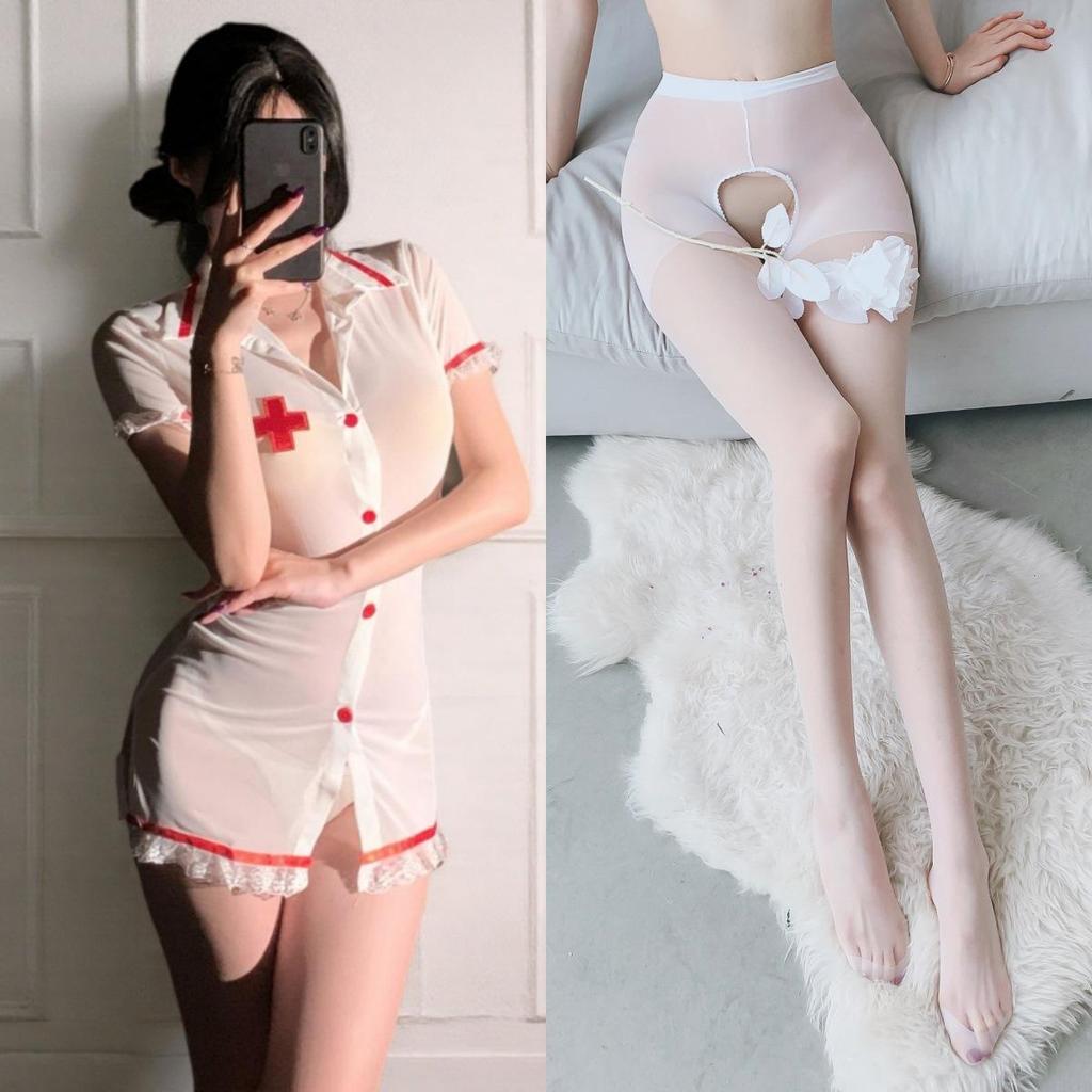 Manbaisha Sexy Sheer Deep V Lace Cosplay Nurse Uniform Set