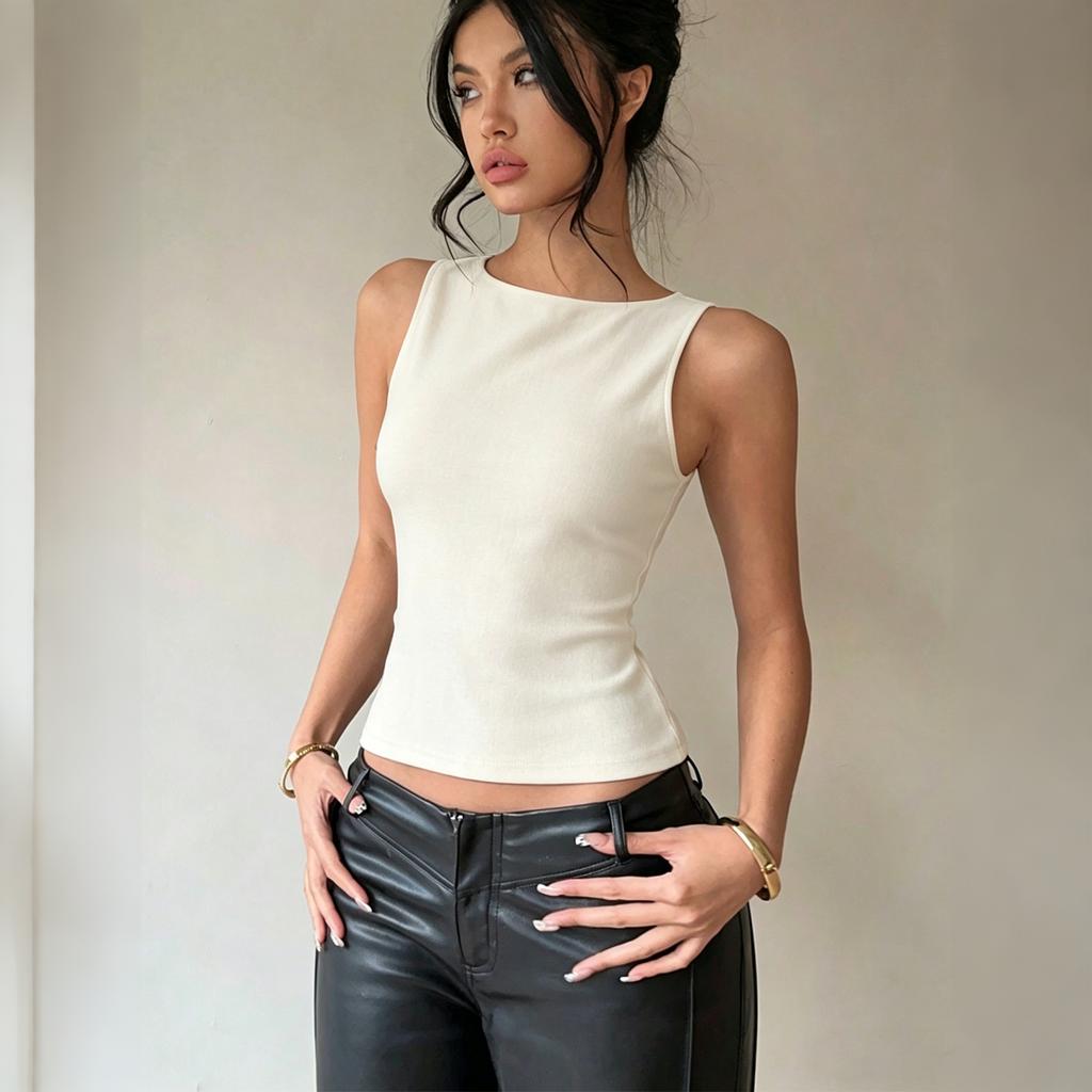 Women Sleeveless Round Neck Tank Top Stretchy Fitted Solid Basic Tie Summer Casual Shirt Blouse Vest