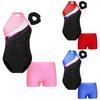 Kinder Ballett Gymnastik Anzug Ärmellos Strass Patchwork Trikot Haarreif und V-Ausschnitt Hohe Taille Shorts für Tanztraining