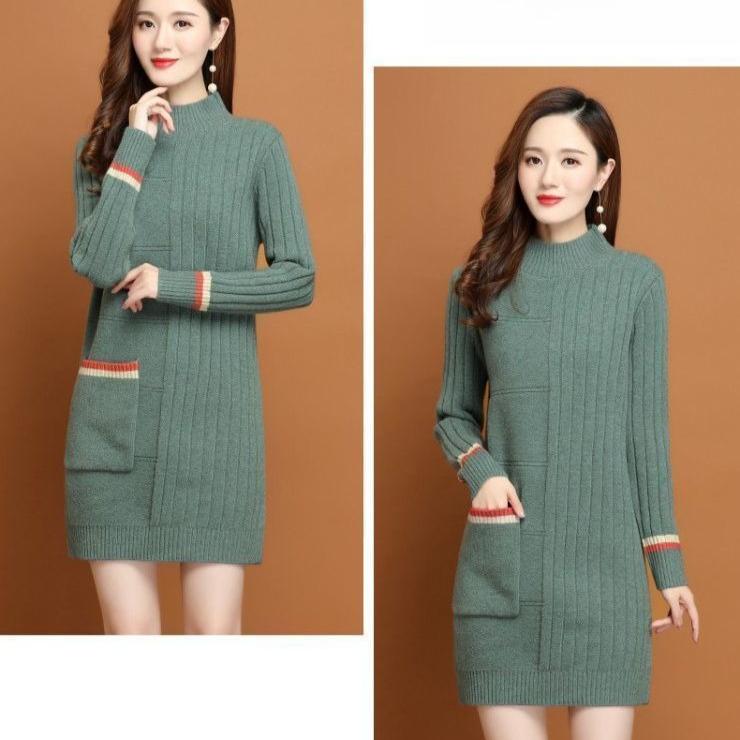 Half Turtleneck Solid-color Knitted Sweater for Women Thickened Sweater Loose Mid-length Pullover Autumn and Winter