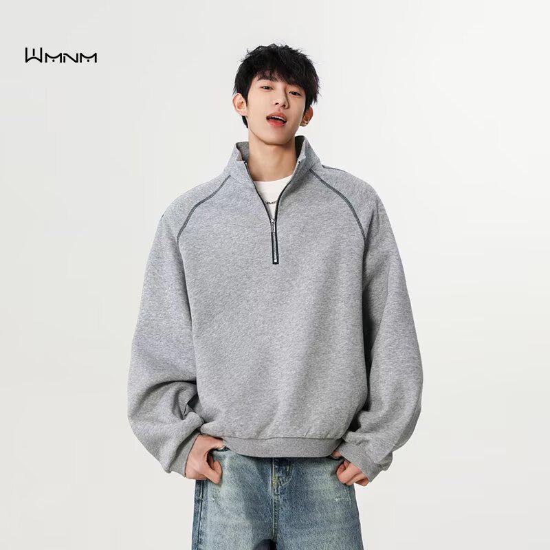 Men's American Street Style Double-Sided Fleece Half-Zip Long-Sleeve Solid Color Base Layer Top